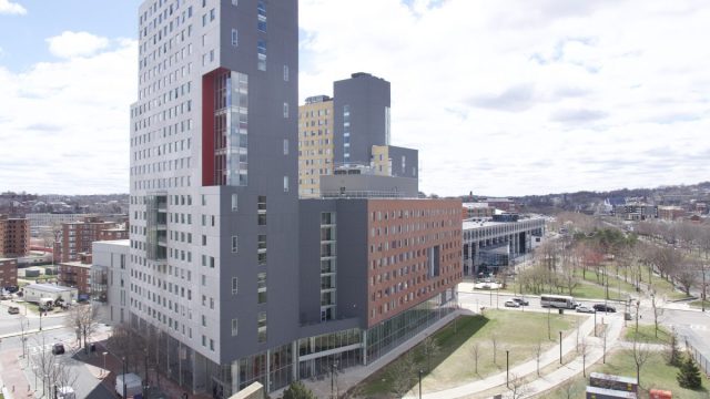 International Village, constructed in 2009, towers over Lower Roxbury and Dudley Square. Photo by Zach Ben-Amots.