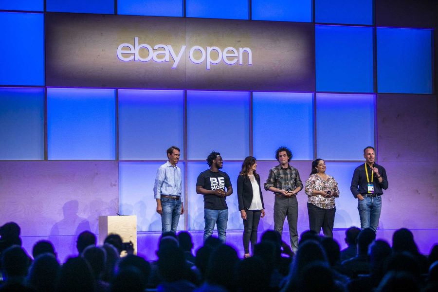 More Than Words Graduate Mehki Jordan on stage with other finalists for Small Business Awards at eBay Open. Photo courtesy of eBay.