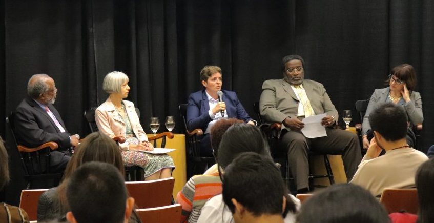 Northeastern professor Ted Landsmark (left) moderates a panel discussion with Gordana Rabrenovic, Amanda Hainsworth, Robert Jose and Elizabeth Bucar. Photo by Eileen O'Grady.