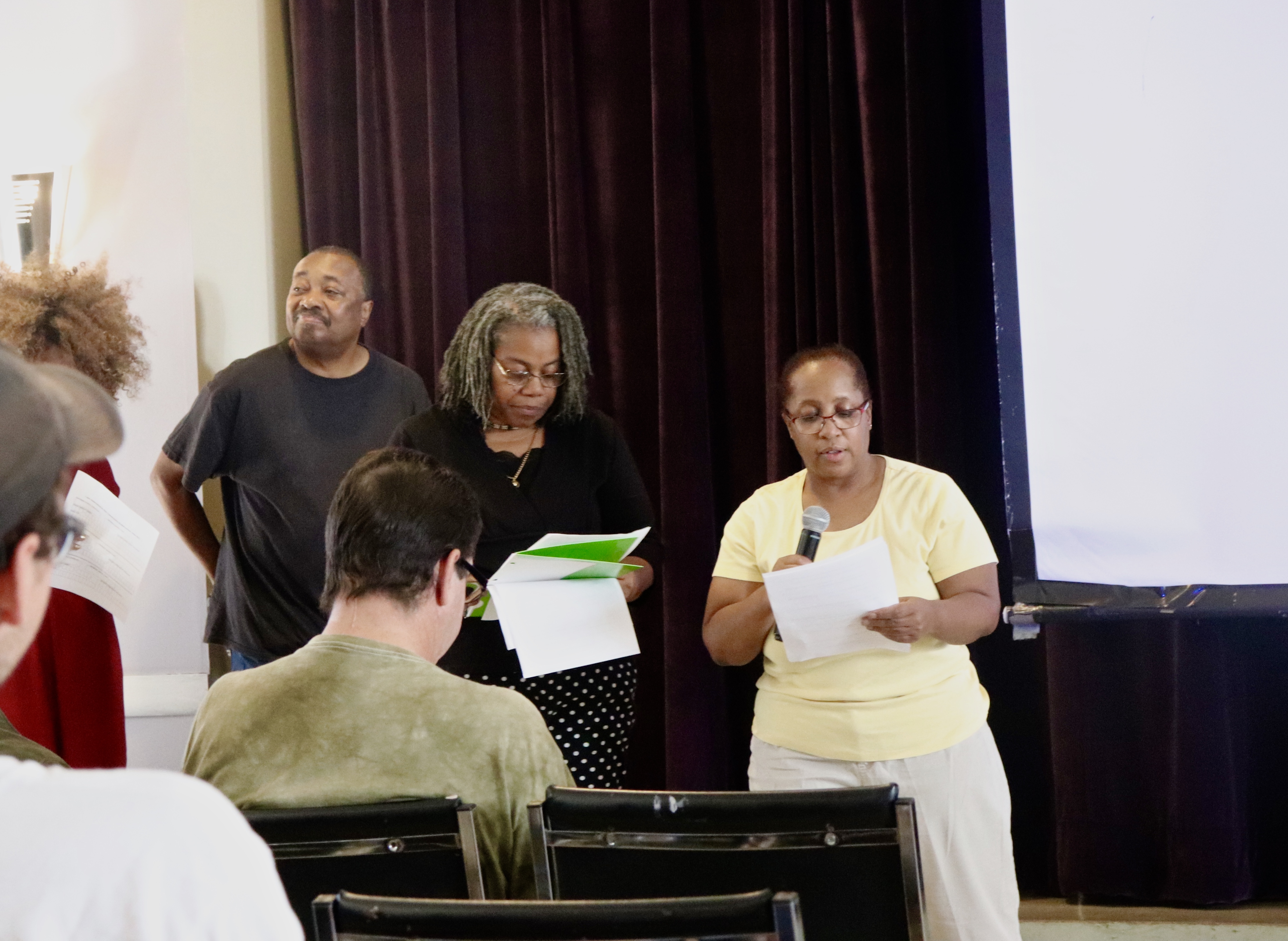 (Left to right) Marvin Martin, Angela Williams-Mitchell and Alma Chislom shared their experiences and ideas with residents at the Boston People's Plan Assembly, Sat. 22 in Field's Corner. Photo by Eileen O'Grady.