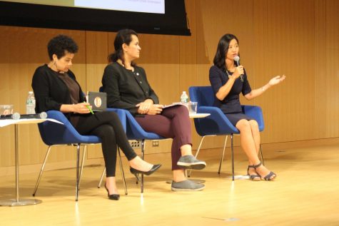 City Councilor at-large Michelle Wu (far right) as she discusses scrapping the MBTA fares. Next to her is City-Councilor at-large Annissa Essaibi-George (middle) and at-large candidate Julia Mejia (left).
