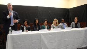Candidates discussed affordable housing measures, including rent control. Above (left to right) Councilor Michael Flaherty, Alejandra St. Guillen, Councilor Michelle Wu, Julia Mejia, Erin Murphy, David Halbert, Councilor Annissa Essaibi-George. Photo by Alexa Gagosz.