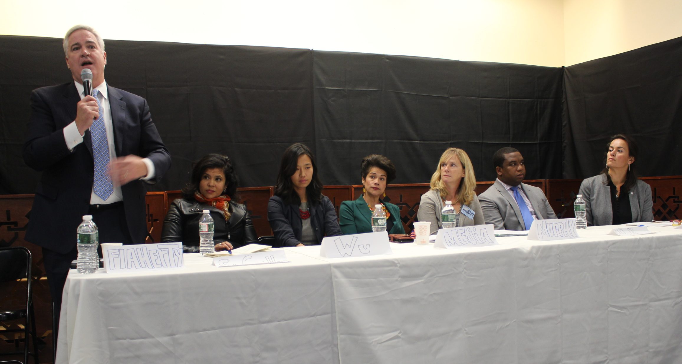 Other candidates discussed measures to tackle the opioid epidemic, including safe injection sites. Above (left to right) Councilor Michael Flaherty, Alejandra St. Guillen, Councilor Michelle Wu, Julia Mejia, Erin Murphy, David Halbert, Councilor Annissa Essaibi-George. Photo by Alexa Gagosz.