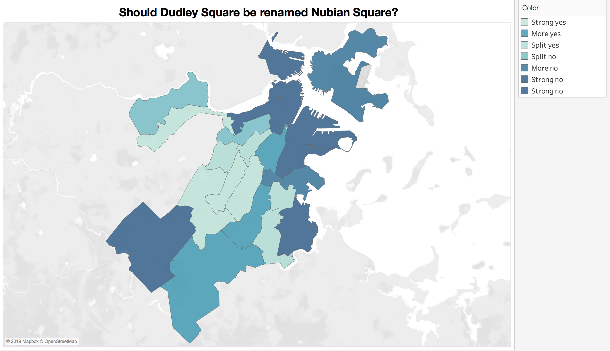 Map, built via Tableau by staff writer Jordan Erb using data from the provided by the Boston Election Department, shows which areas had the greatest levels of support for renaming Dudley Square.