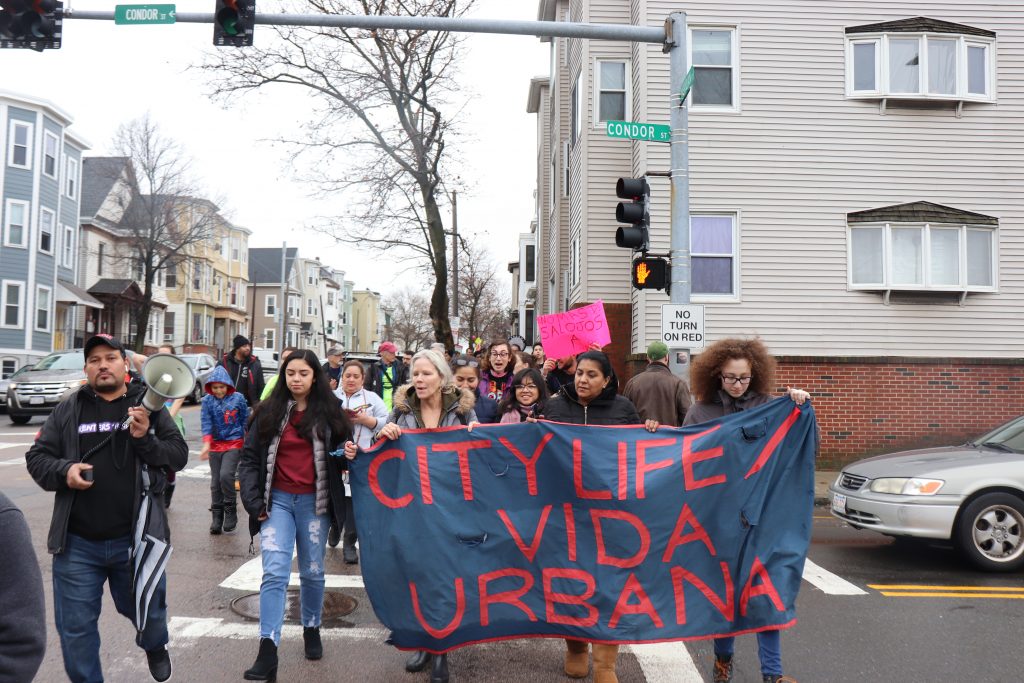 Protesters march through East Boston. Photo by Eileen O'Grady.