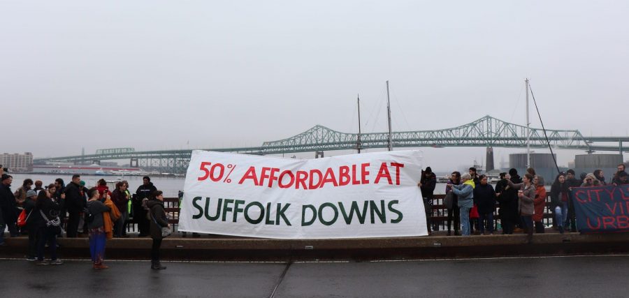 Protestors fighting back against new development, calling for more affordable housing in East Boston, Saturday Dec. 14. Photo by Eileen O'Grady.