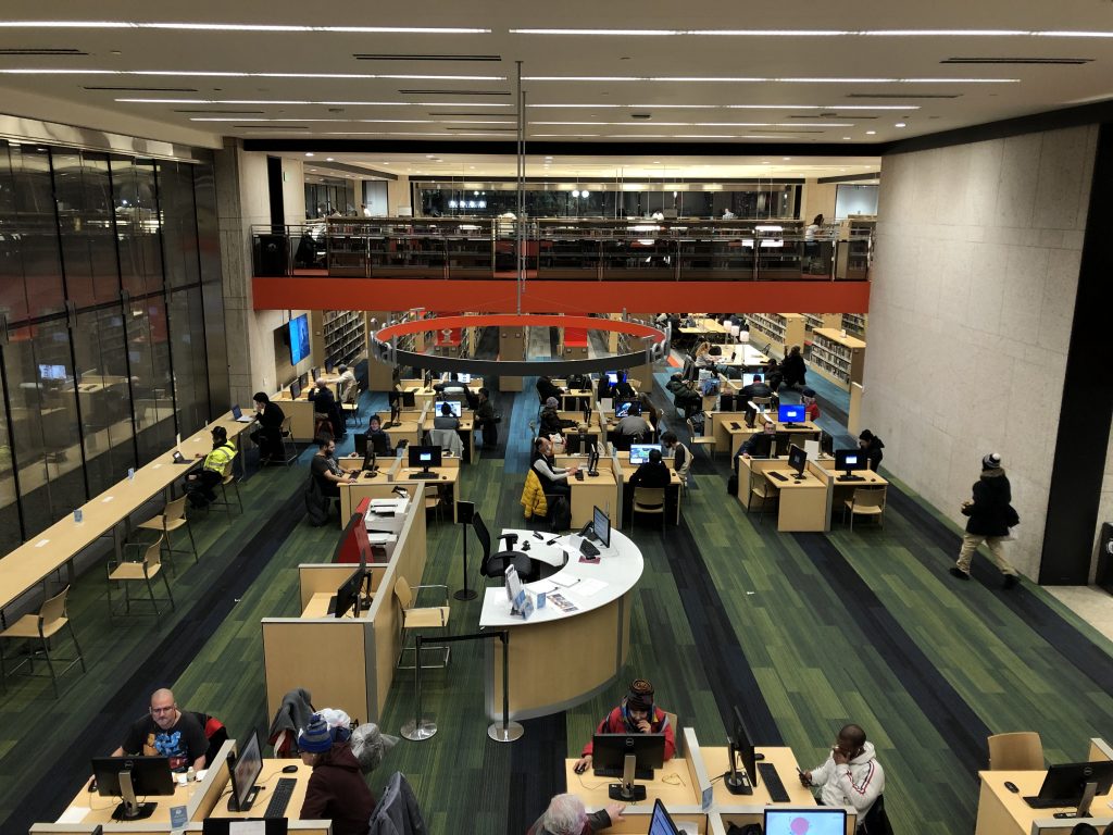 In Tech Central at Boston Public Library’s Copley branch, people can access digital services and a consistent reliable connection. Photo by Eileen O’Grady.