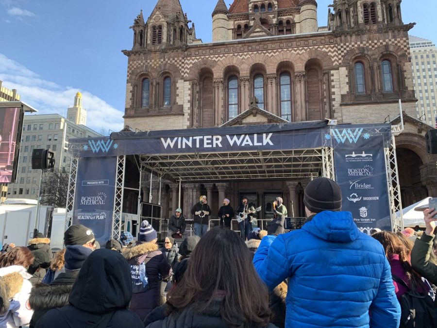The main stage in Copley Square, where prayers were said, stories shared and hot coffee fueled the Winter Walk. Photo by Maria Aguirre.