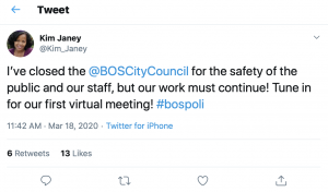 Screenshot of Boston City Council President Kim Janeys announcement to close City council meetings to the public. Image via Twitter.