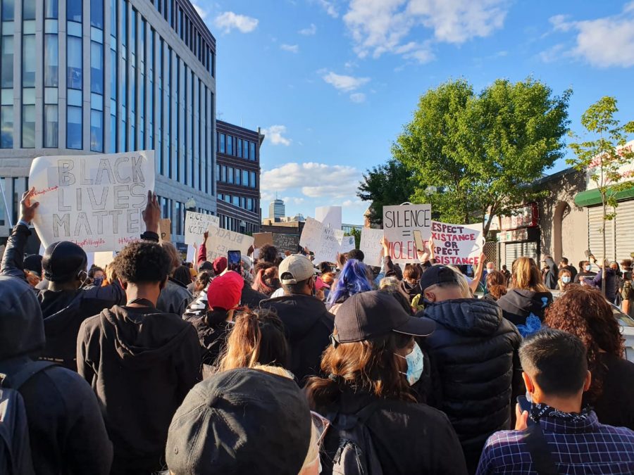 A Black Lives Matter demonstration in Boston to protest police brutality and the killing of George Floyd.