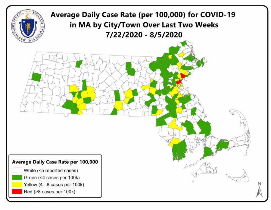 A map with higher risk, moderate risk, or lower risk community designation. Courtesy: Office of Governor Charlie Baker and Lt. Governor Karyn Polito