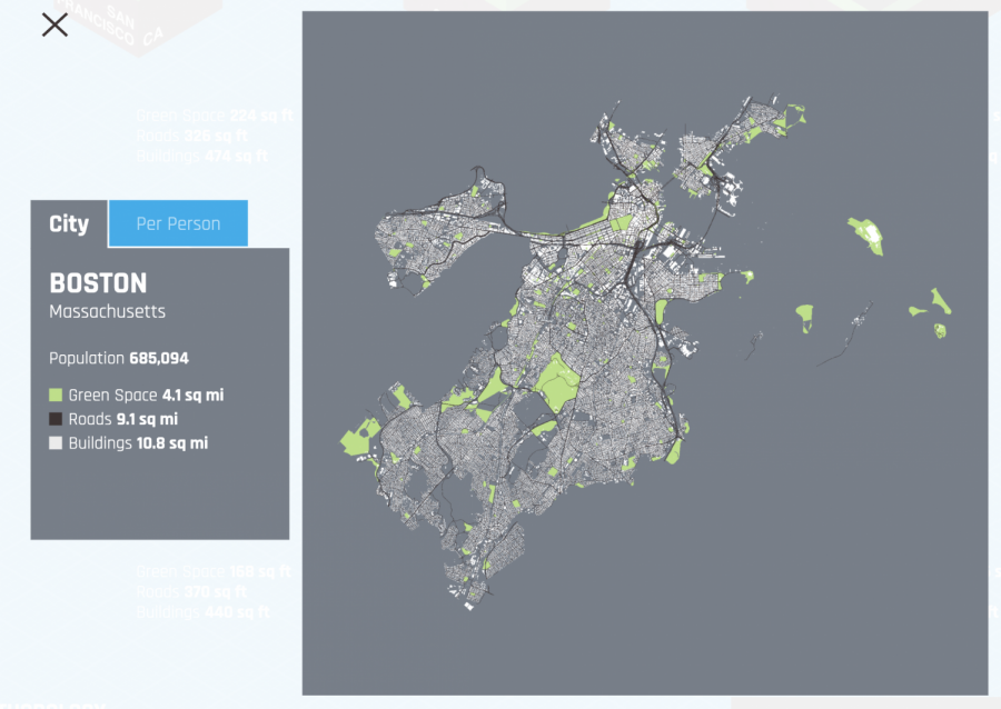 A map by Geotab of Boston green space distribution. Photo: Screencap from Geotab website.