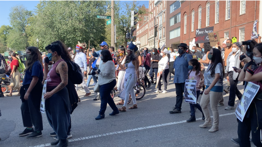 Protesters supporting Indigenous Peoples’ Day heading to Boston Common from Park Street station.