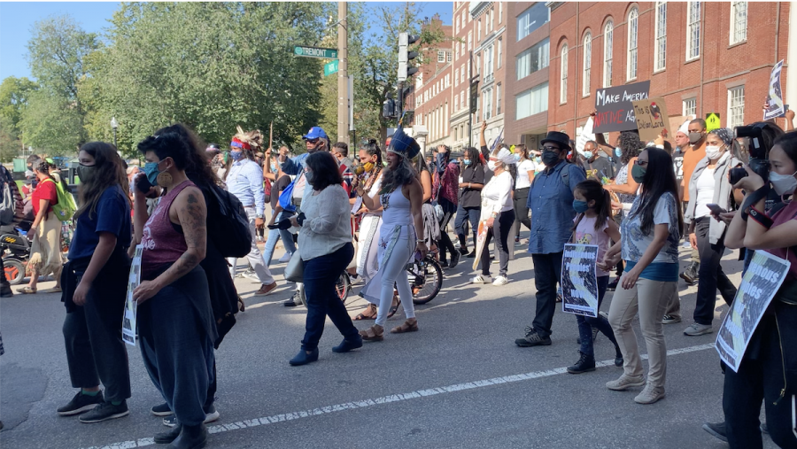 Protesters supporting Indigenous Peoples’ Day heading to Boston Common from Park Street station. 