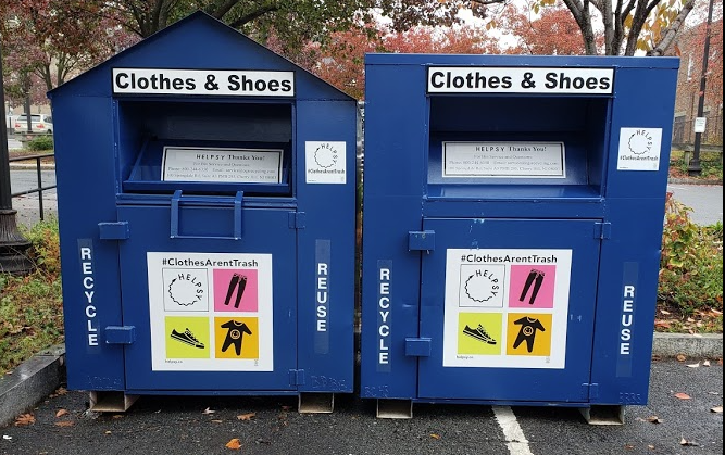 Textiles drop boxes installed by the Boston Public Works Department in partnership with Helpsy