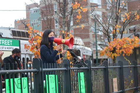 City Councilor Michelle Wu spoke to the crowd at the protest on Wednesday