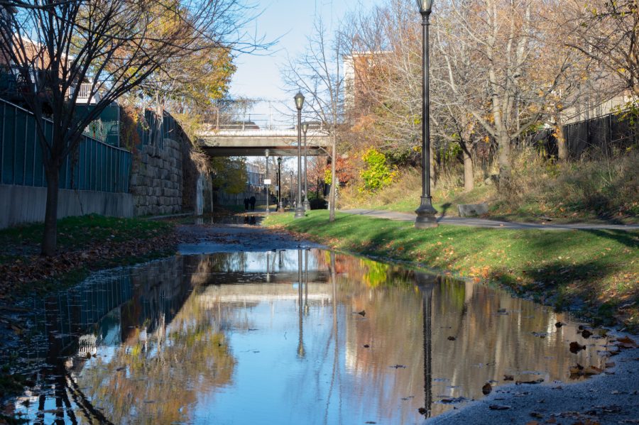 The Mary Ellen Welch Greenway is one of the neighborhood’s main flood paths. The deployable flood wall was tested at the Sumner Street overpass.