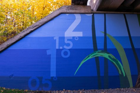 A mural painted underneath the Greenway’s Sumner St. overpass illustrates how increasing global temperature will impact sea level rise.