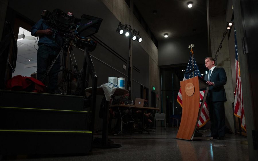 January 12, 2021 - Mayor Martin Walsh delivers the annual State of the City Address from the Roxbury Branch of the Boston Public Library.