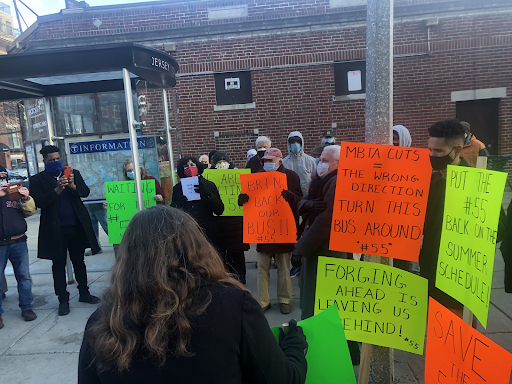 Residents in the Fenway area protested the suspension of the 55 bus line on Sunday, March 14th in the Fenway neighborhood. Photo Credits to Michelle Wu’s campaign.