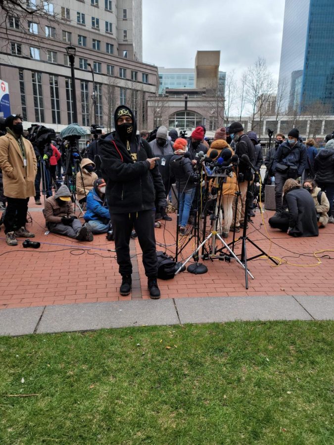 Darrell Jones stands outside the Hennepin County Courthouse April 20 amid a crowd of protesters awaiting the verdict of Derek Chauvin’s trial.