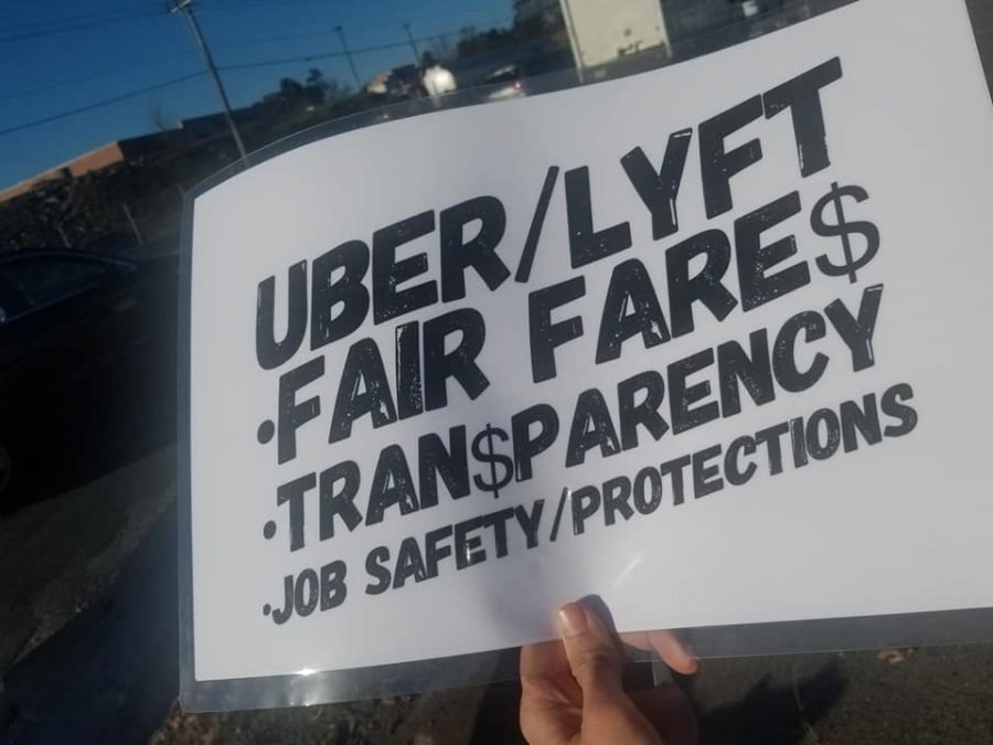 A sign demanding fair fare, transparency, job safety and protection for drivers from Uber and Lyft. Photo taken during March 2019 protest against rideshare companies. 