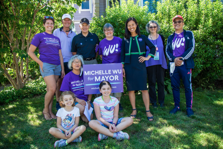 Michelle Wu and the West Roxbury for Wu volunteer team. Feltner in the navy polo and hat, and Lee on the right. 