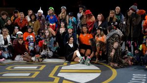 Group photo of skaters at Skate Hags Halloween event on Oct. 31, 2021.