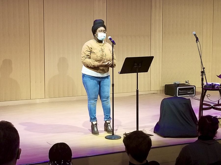 Anjalequa Leynneyah Verona Birkett recites one of her poems at the Youth Poet Laureate Showcase, before she is announced as Bostons second-ever Youth Poet Laureate 