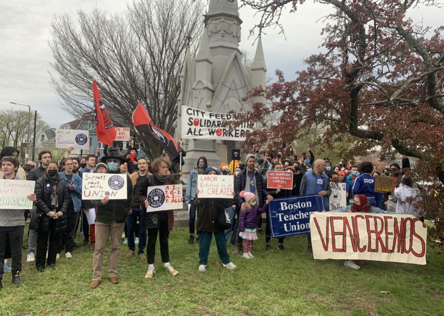 Members of City Feed Unite and other union organizations gathered at the Soldiers Monument in Jamaica Plain to support the unionization effort on Sunday, Apr. 24.