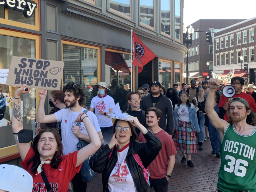 Workers from Starbucks United and local coffee shop unions marched in Cambridge on Sunday, May 1.