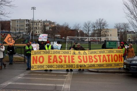 Boston: Jan. 17, 2023 -- Protesters across the street from the East Boston Substation site. Protesters were out daily for a week in January to oppose the construction of the project.