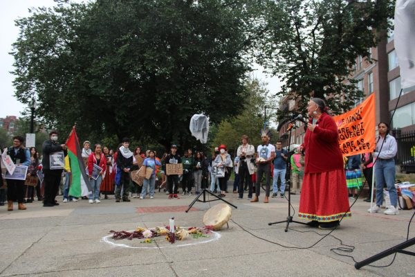 A woman with long, gray hair wearing a red dress and coat stands in front of a microphone addressing a crowd. Those listening to her speech hold signs and flags supporting indigenous rights. In front of her, on the ground in Boston Common, there are traditional indigenous objects placed in a circle.
