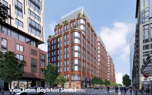 A mock-up of the approved project shows what the building would look like from Boylston Street, one of the Fenways main commercial areas. 
