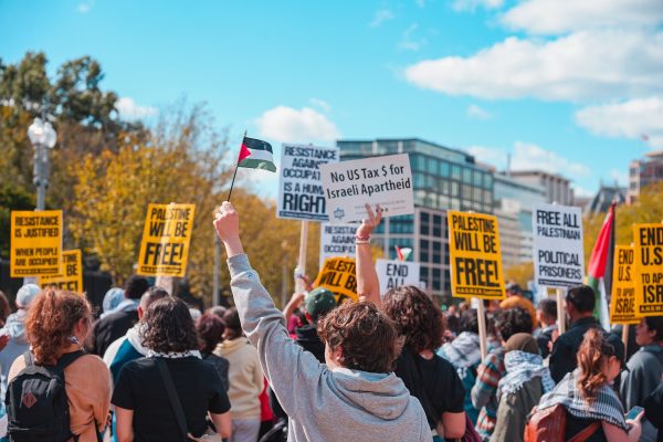 Washington, D.C. — October 8, 2023: Pro-Palestine activists gather at the White House to protest the ongoing Israel-Gaza war. 