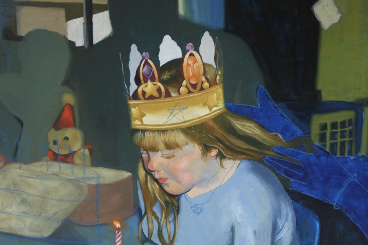 a painting depicts a child with a paper crown on her head. her hair is blonde and she has bangs. she is wearing a baby blue tshirt and there is a silhouette of a woman painted in blue behind the child. 