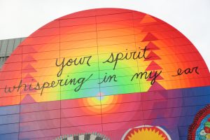 Jeffrey Gibson's mural 'your spirit whispering in my ear' debuted on the Rose Kennedy Greenway in Boston, Mass., Sept. 19, 2024. 