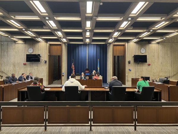 City Councilors Tania Fernandes Anderson, Liz Breadon and Julia Mejia listen to testimony from housing advocates in Boston, Mass., Sept. 19, 2024. 