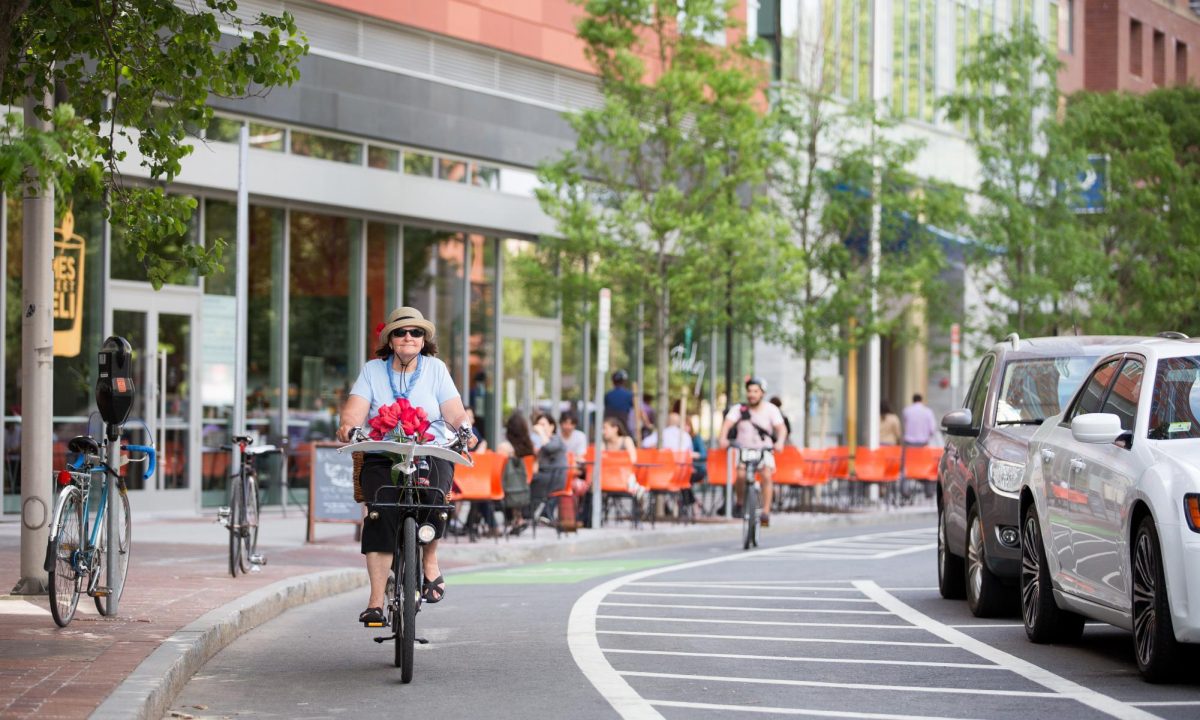 Parking-protected bike lane in Cambridge, Massachusetts.