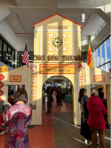 The arched entrance to the Tet in Boston festival, designed to look like popular landmarks in Saigon. 