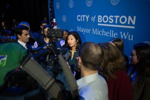 Mayor Wu answers questions from reporters at the State of the City at MGM Music Hall on March 19, 2024.