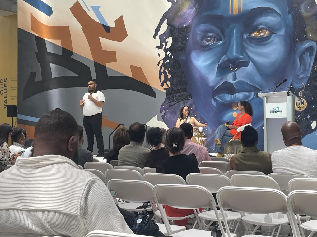 Jeneé Osterheldt interviews Morgan DeBaun about new book "Rewrite Your Rules" at Embrace Ideas Festival at Massachusetts College of Art and Design on June. 20, 2025 