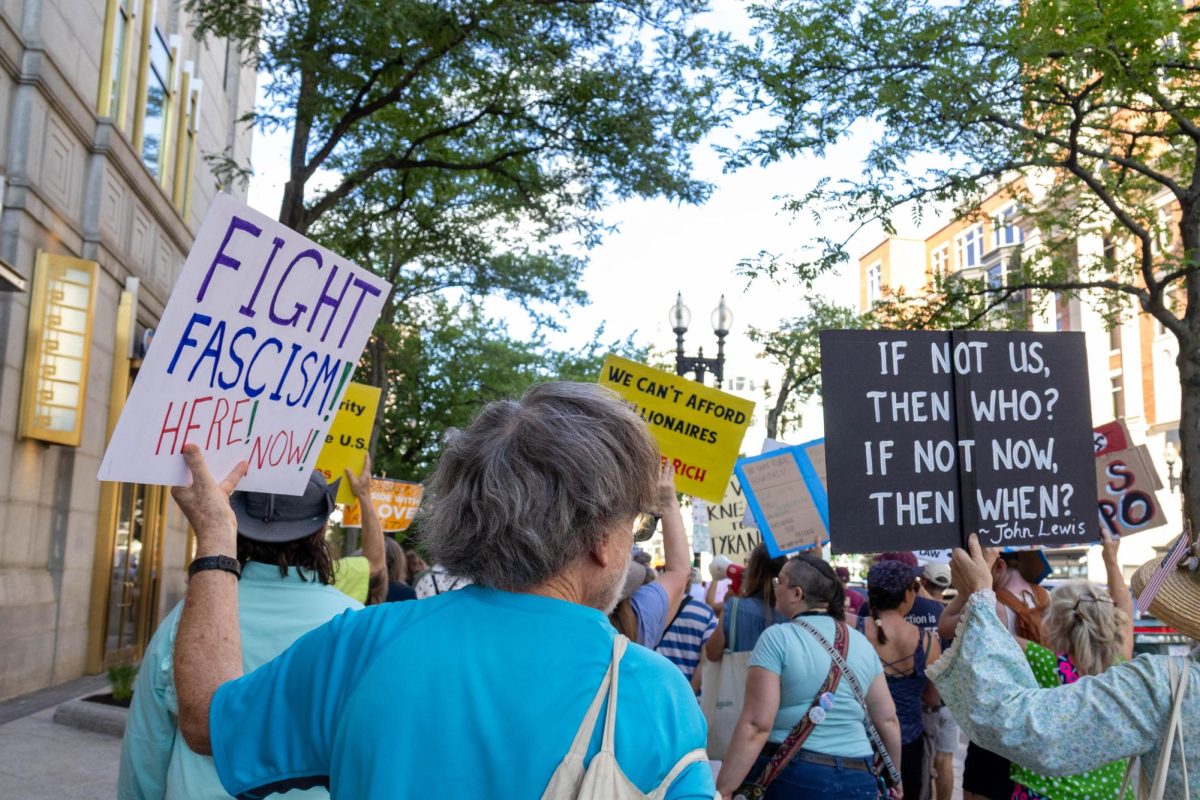 Demonstrators march through Boston as part of the Good Trouble Lives On protest on July 17, 2025.
