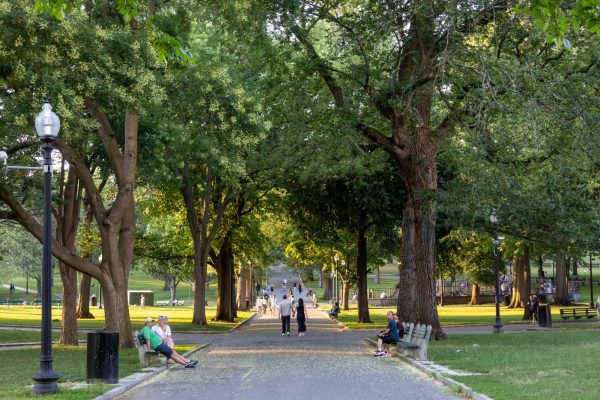 A couple walks through Boston Common holding hands. The park is 50 acres in size and is the oldest city park in the United States.
