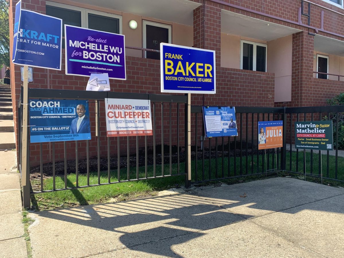 Campaign signs outside District 7 voting site in Roxbury in September of 2025