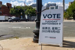 A City of Boston sign advertised to Mission Hill residents to vote in the preliminary election on Sept. 9, 2025.