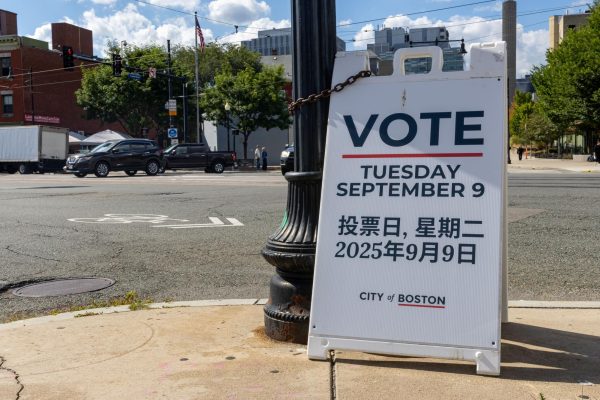 A City of Boston sign advertised to Mission Hill residents to vote in the preliminary election on Sept. 9, 2025.