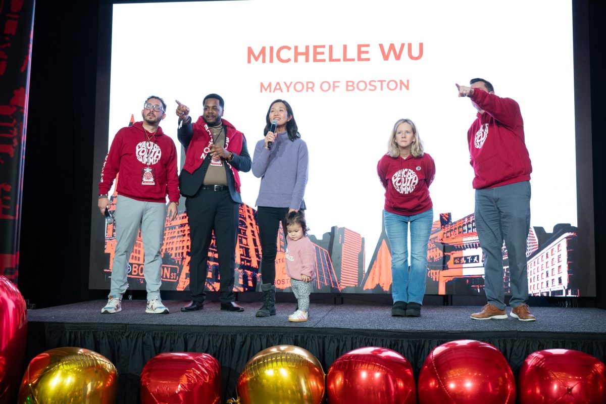 Pedro Cruz, far left, City Councilor, At-Large, Henry Santana, second left, Mayor Michelle Wu, middle, City Councilor, At-Large, Erin Murphy, second right, and City Councilor, District 3, John Fitzgerald take questions from the crowd. “Who’s got another question?” said Wu.
