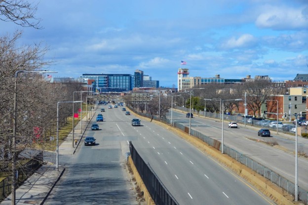 Rutherford Ave. toward Sullivan Square, as seen from the Community College footbridge in Charlestown